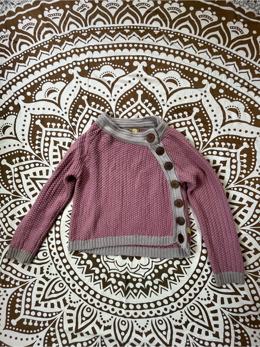 Nui Mauve Pink Knit Button-Front Cardigan with Gray Trim